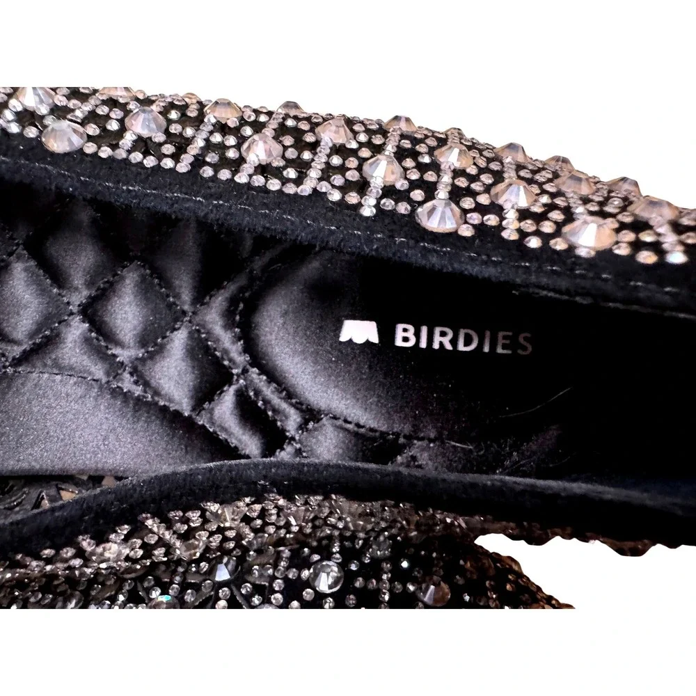 Birdies Swan Black Crystal Embellished Flats Rhinestone Leather Pointed Toe 9.5